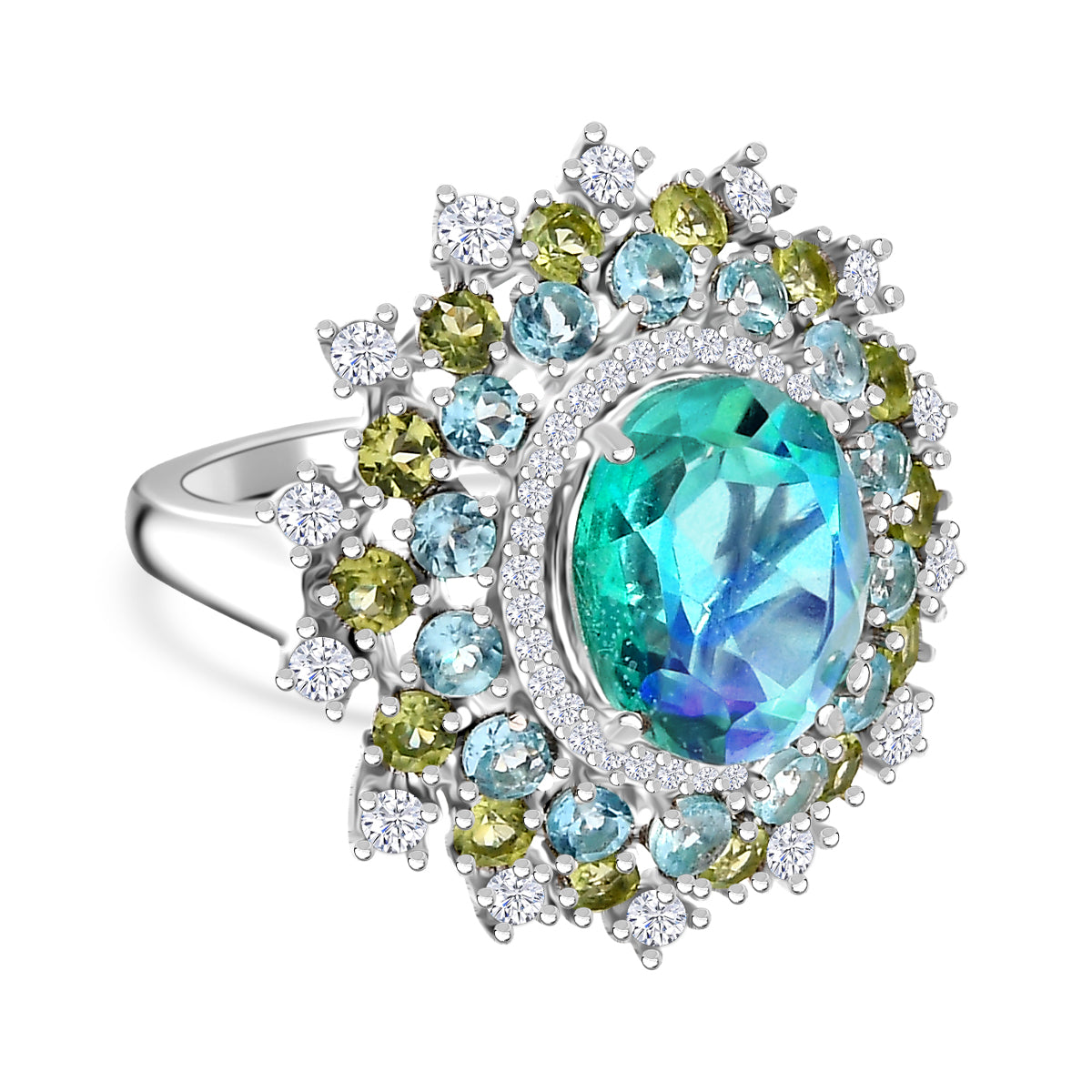 Peacock Triplet Quartz, Apatite, Peridot, White Zircon Halo Ring in Rhodium Overlay Sterling Silver 7.26 ct. V32535396 0