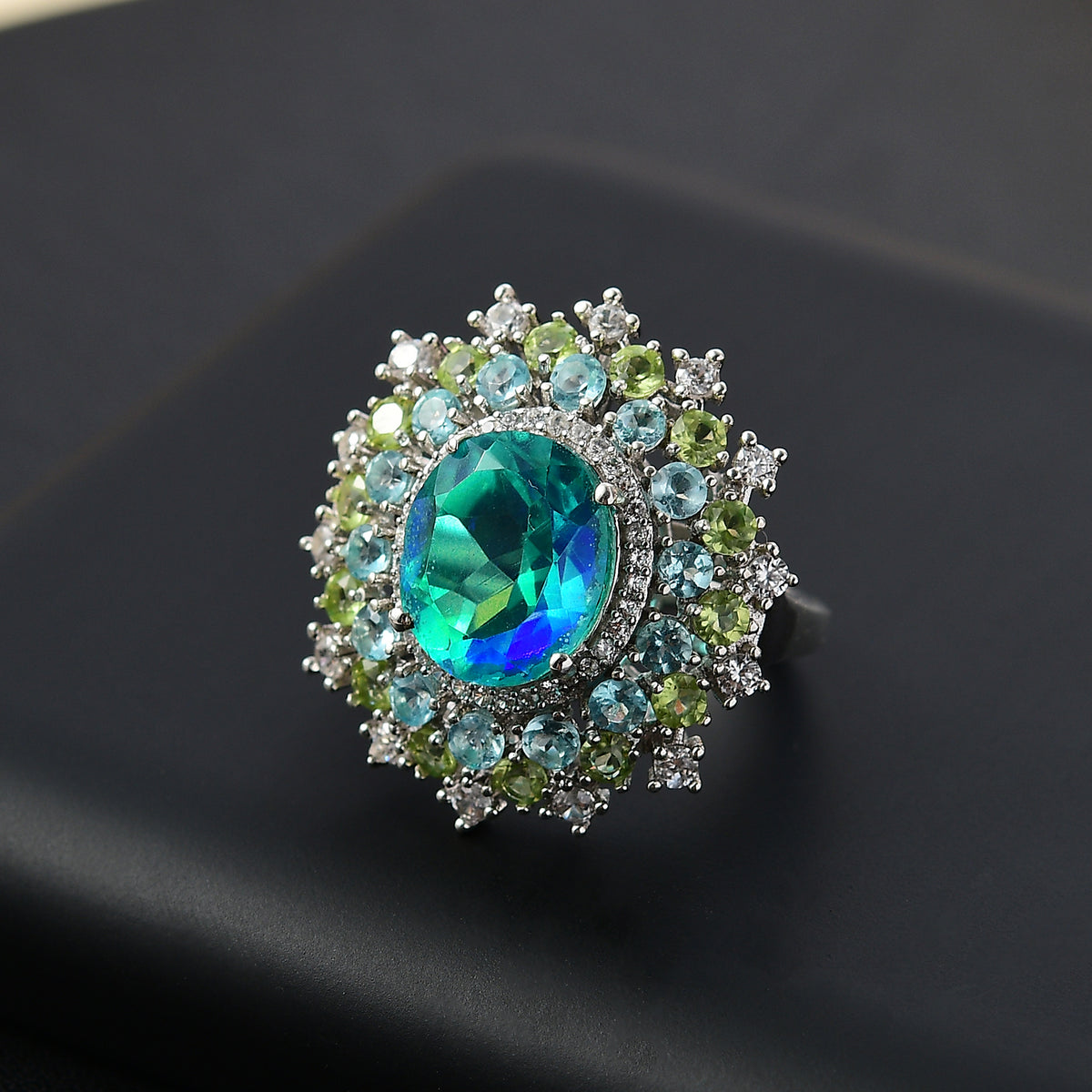 Peacock Triplet Quartz, Apatite, Peridot, White Zircon Halo Ring in Rhodium Overlay Sterling Silver 7.26 ct. V32535396 1