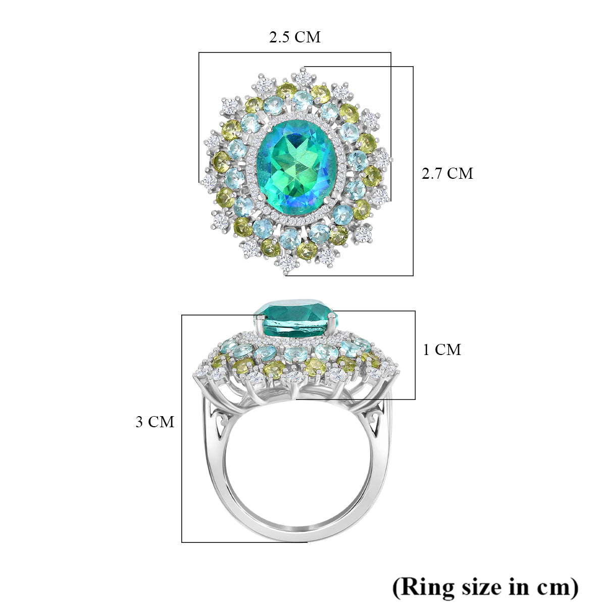 Peacock Triplet Quartz, Apatite, Peridot, White Zircon Halo Ring in Rhodium Overlay Sterling Silver 7.26 ct. V32535396 5