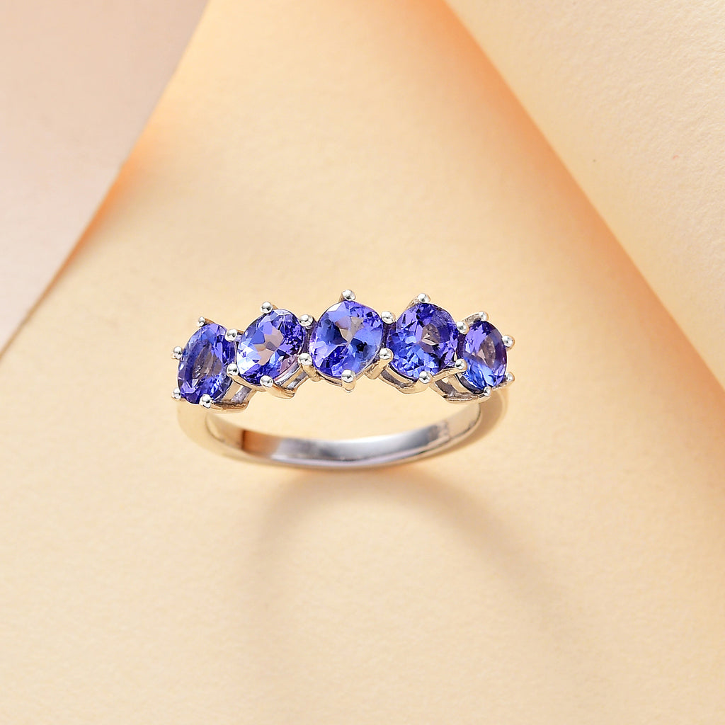 Tanzanite 5 Stone Ring in Rhodium Overlay Sterling Silver 1.35 Ct._7904688_1