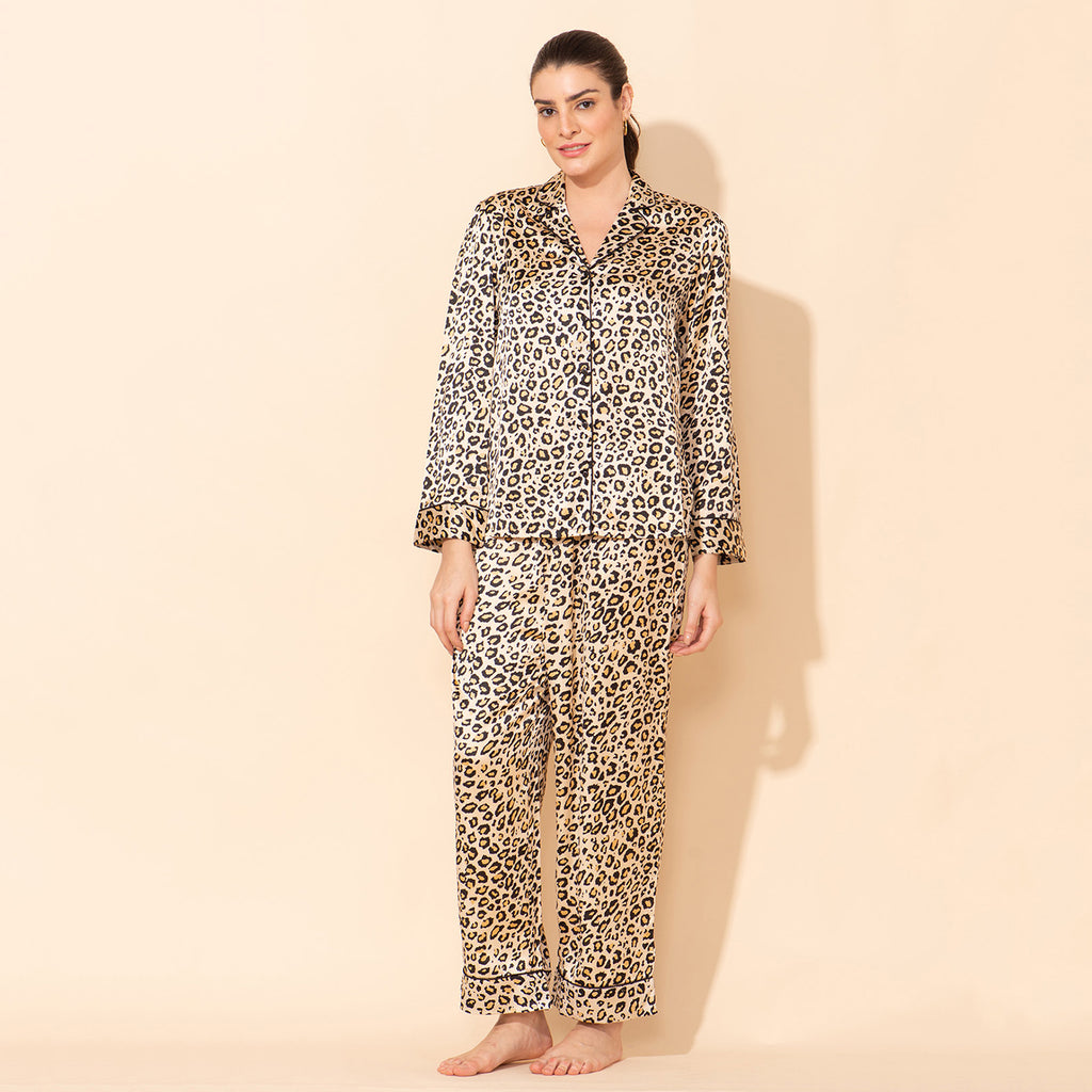 Doorbuster - TAMSY Leopard Pattern Silk Like Nightwear Set (Size L) - Champagne_7908269