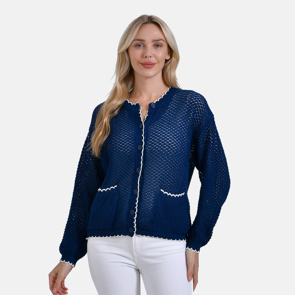 La Marey Elegant Knit Cardigan with Cream Trim (Size XL) - Navy V32636935 0