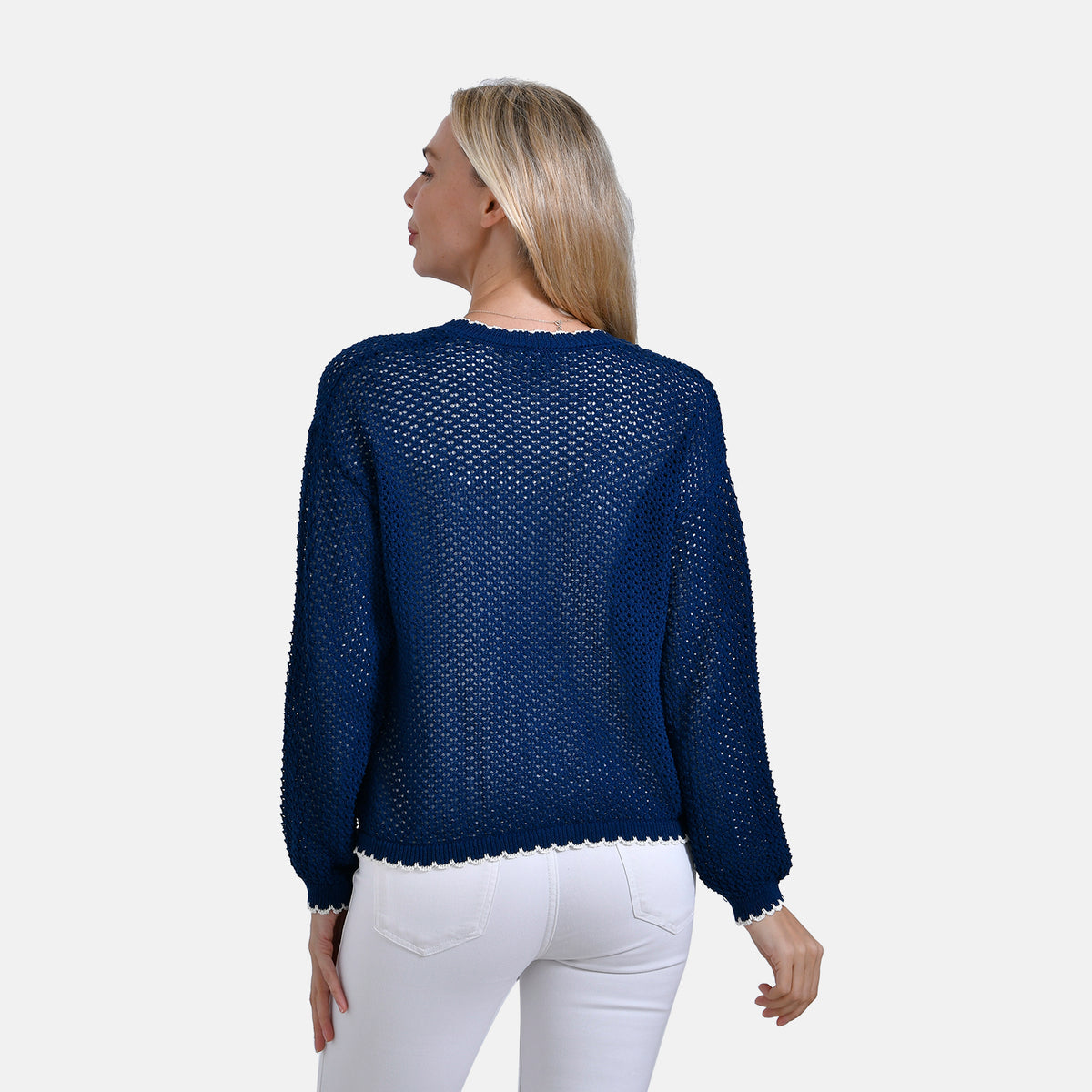 La Marey Elegant Knit Cardigan with Cream Trim (Size XL) - Navy V32636935 2