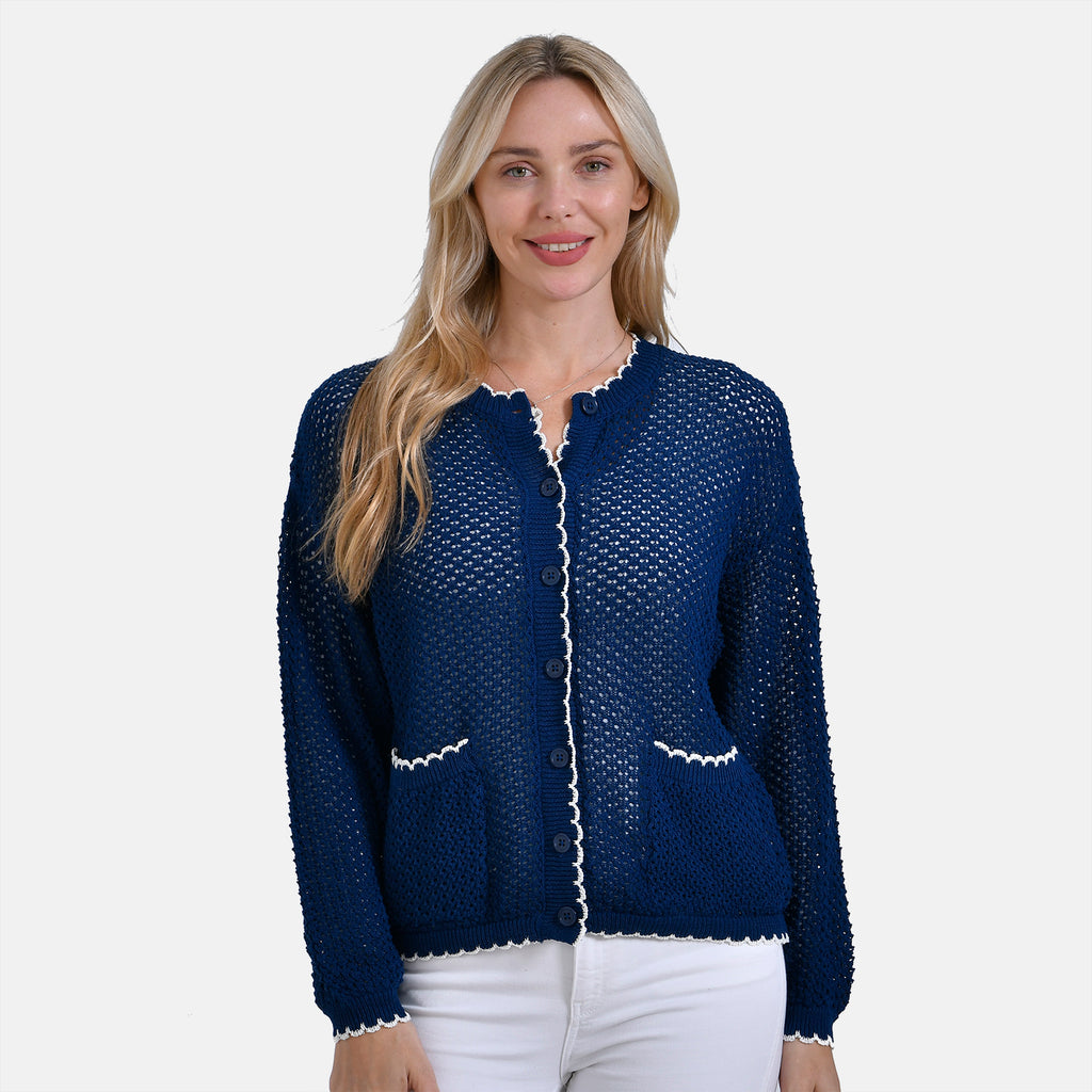 La Marey Elegant Knit Cardigan with Cream Trim (Size XL) - Navy_7924438_3