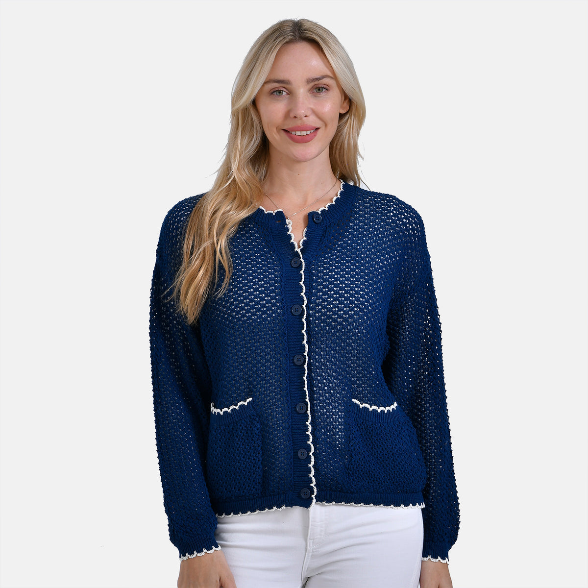 La Marey Elegant Knit Cardigan with Cream Trim (Size XL) - Navy V32636935 4