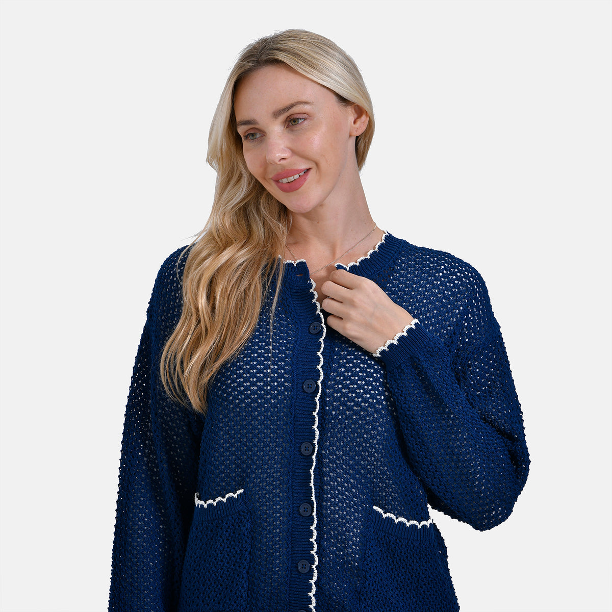 La Marey Elegant Knit Cardigan with Cream Trim (Size XL) - Navy V32636935 5