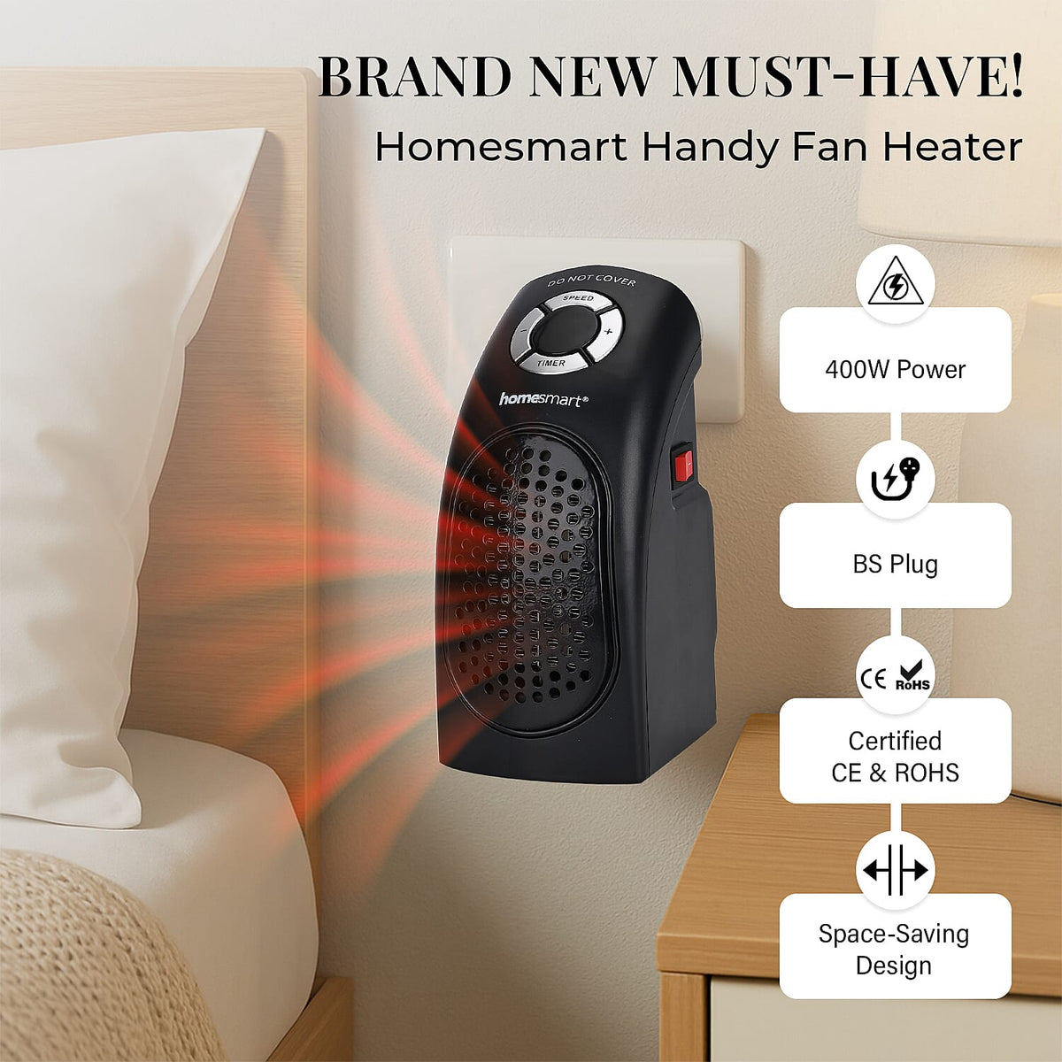 BARGAIN ALERT - Homesmart Ceramic Plug In Fan Heater with Temperature &amp; Timer Control  (Power 400W) - Black 7924699 2