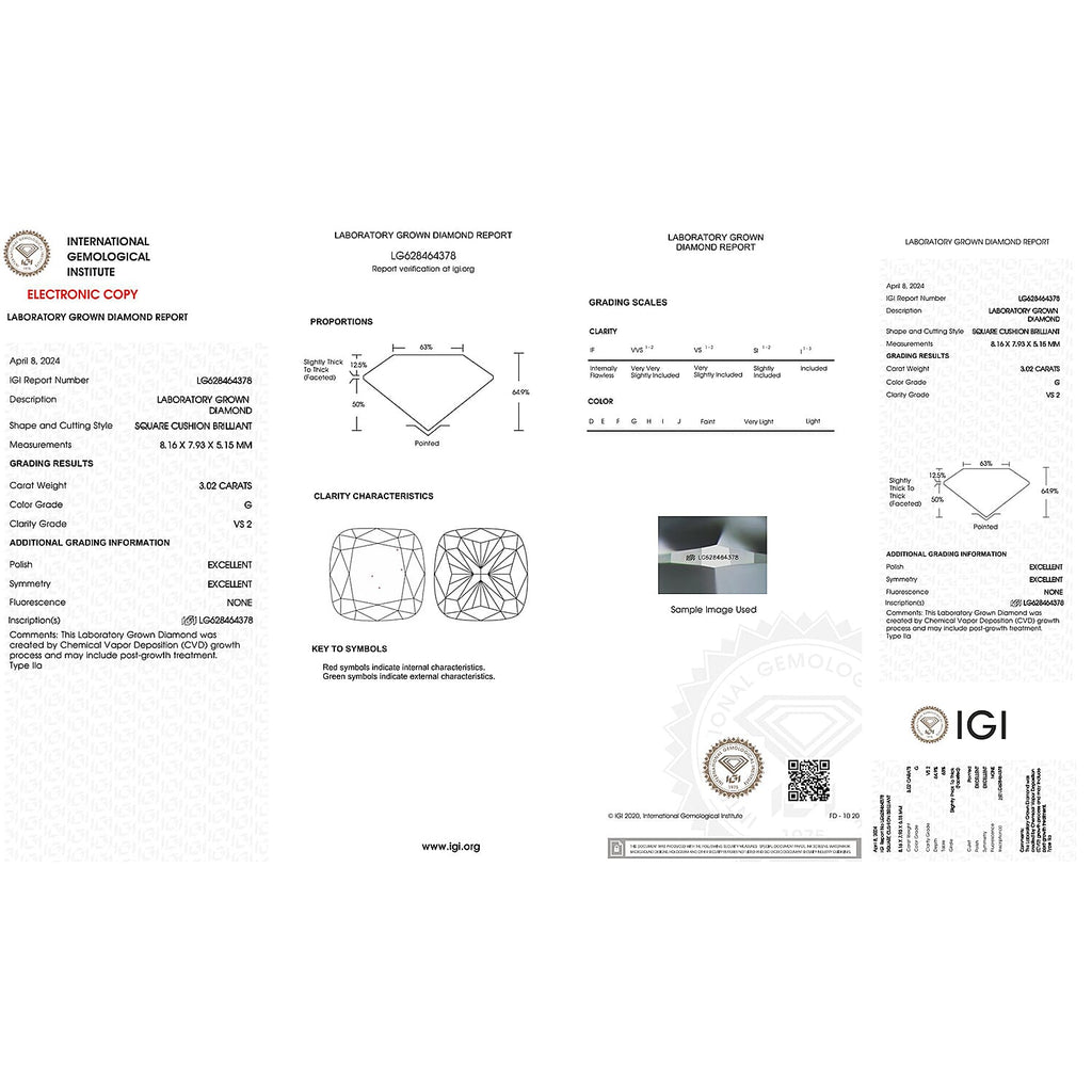 Luxuriant Diamond - 3 Ct Lab Grown Diamond CUSHION IGI Certified VS-G