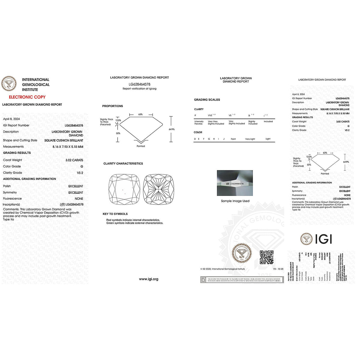 Luxuriant Diamond IGI Certified 3 Ct. Lab Grown Diamond (VS2/G) in Cushion Shape 7925988 6