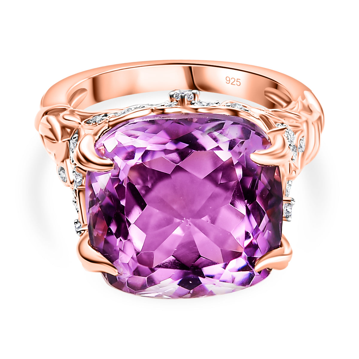 Rose De France Amethyst, White Zircon Garden Ring in 18K Rose Gold Vermeil Plated Sterling Silver 12.10 Ct. V32512705 0