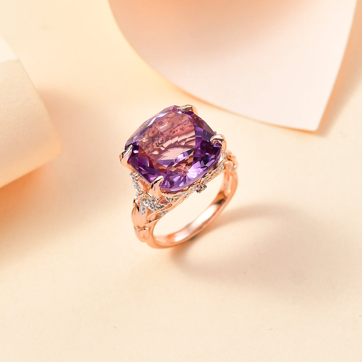 Rose De France Amethyst, White Zircon Garden Ring in 18K Rose Gold Vermeil Plated Sterling Silver 12.10 Ct. V32512705 2