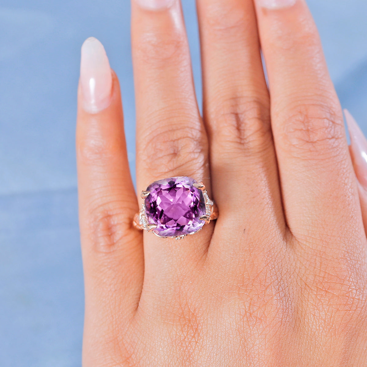 Rose De France Amethyst, White Zircon Garden Ring in 18K Rose Gold Vermeil Plated Sterling Silver 12.10 Ct. V32512705 3