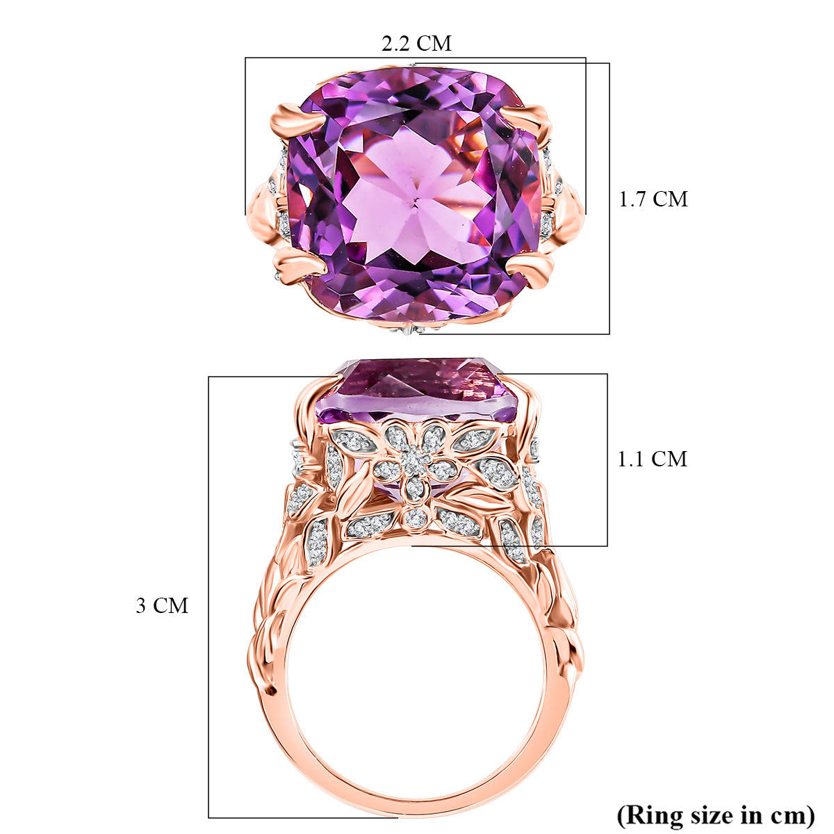 Rose De France Amethyst, White Zircon Garden Ring in 18K Rose Gold Vermeil Plated Sterling Silver 12.10 Ct. V32512705 6