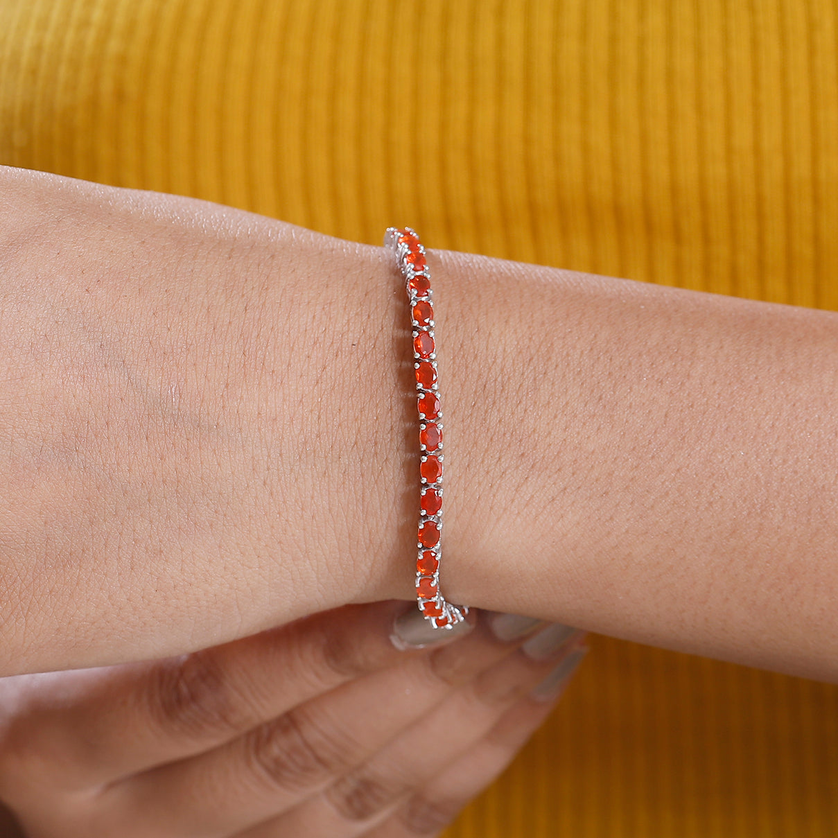 Crimson Fire Opal Tennis Bracelet with GB Lock Box (Size - 8) in Rhodium Sterling Silver 5.38 Ct. V32514143 3