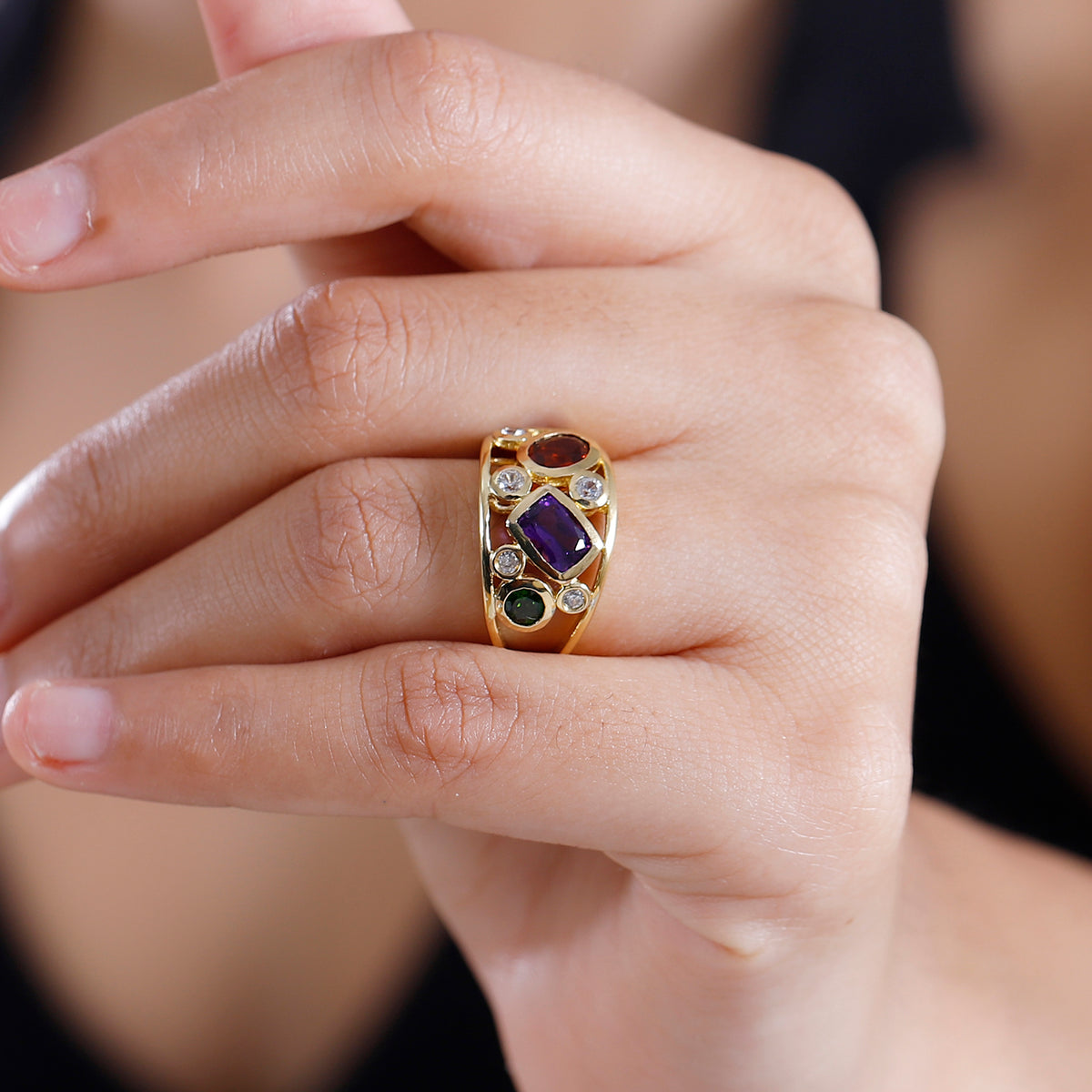 African Amethyst, Multi Gemstones Cluster Ring in 18K Yellow Gold Vermeil Plated Sterling Silver V32512904 1