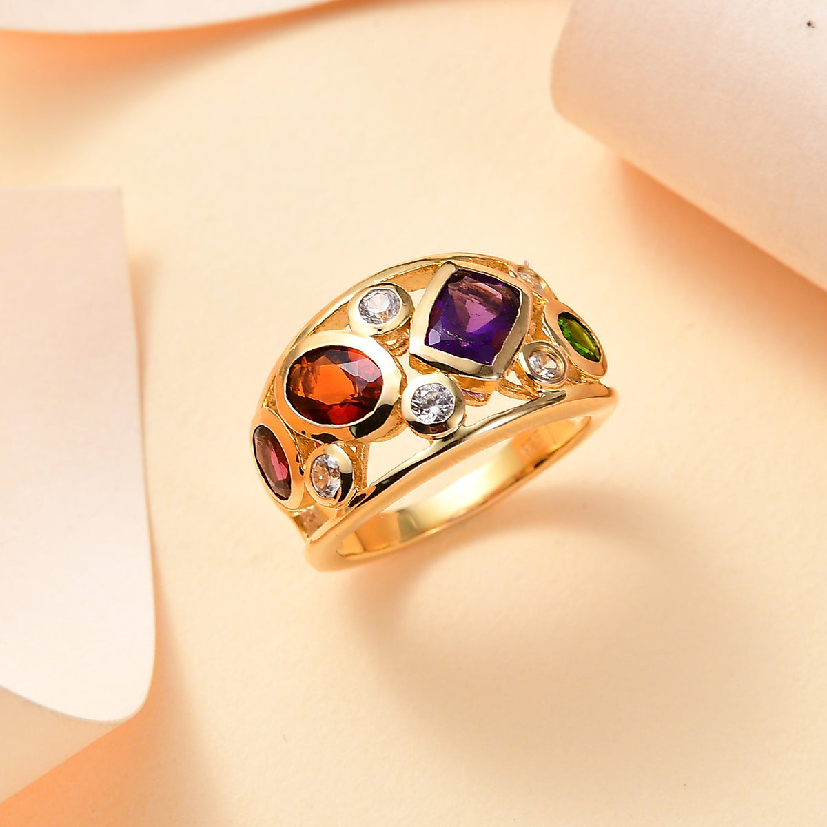 African Amethyst, Multi Gemstones Cluster Ring in 18K Yellow Gold Vermeil Plated Sterling Silver V32512904 2