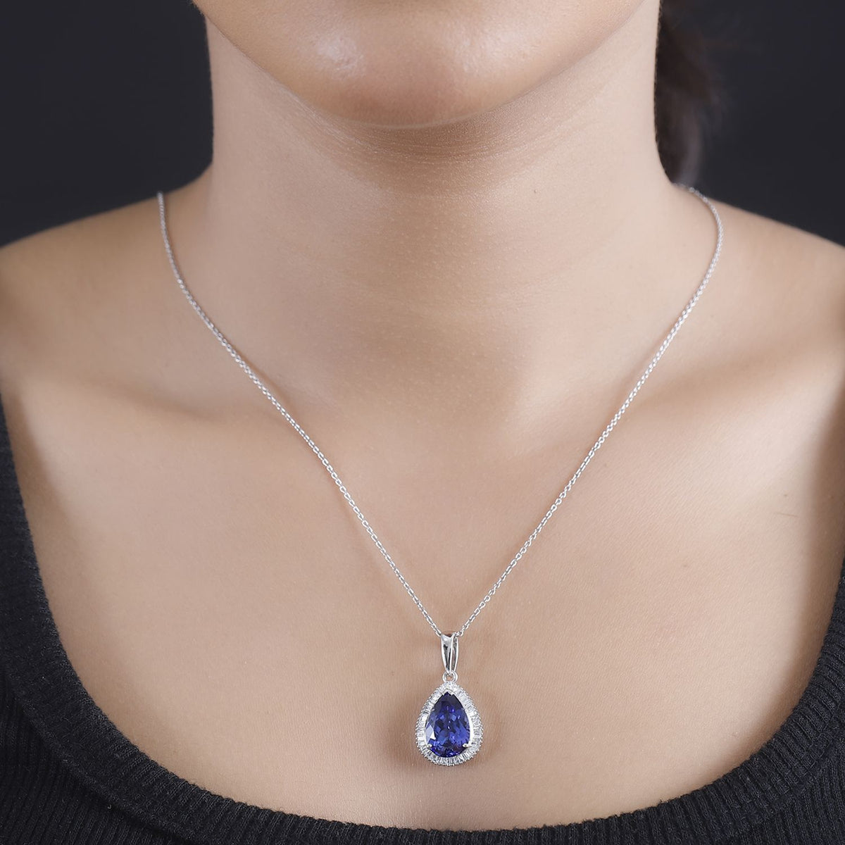RHAPSODY 5.46 Ct. AAAA Tanzanite, Diamond Halo Drop Pendant in 950 Platinum (VS/E-F) 7934189 3