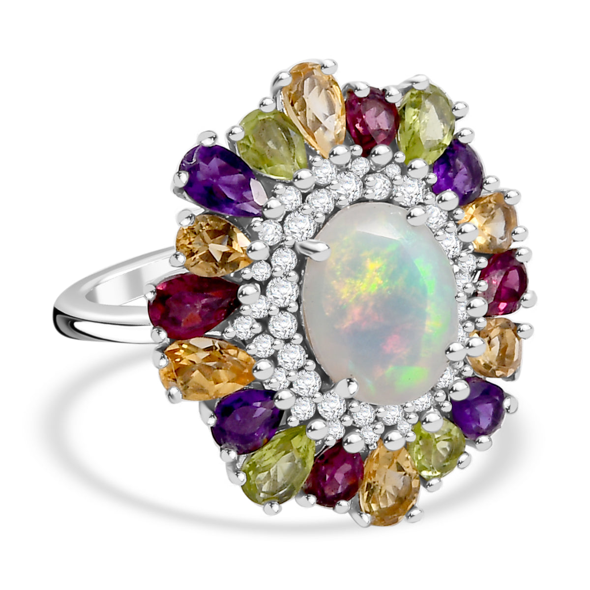 Ethiopian Opal, Multi Gemstones Halo Ring in Rhodium Overlay Sterling Silver V32563457 0