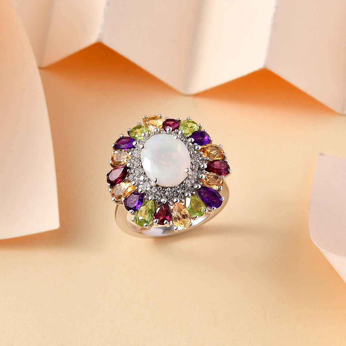 Ethiopian Opal, Multi Gemstones Halo Ring in Rhodium Overlay Sterling Silver V32563457 2