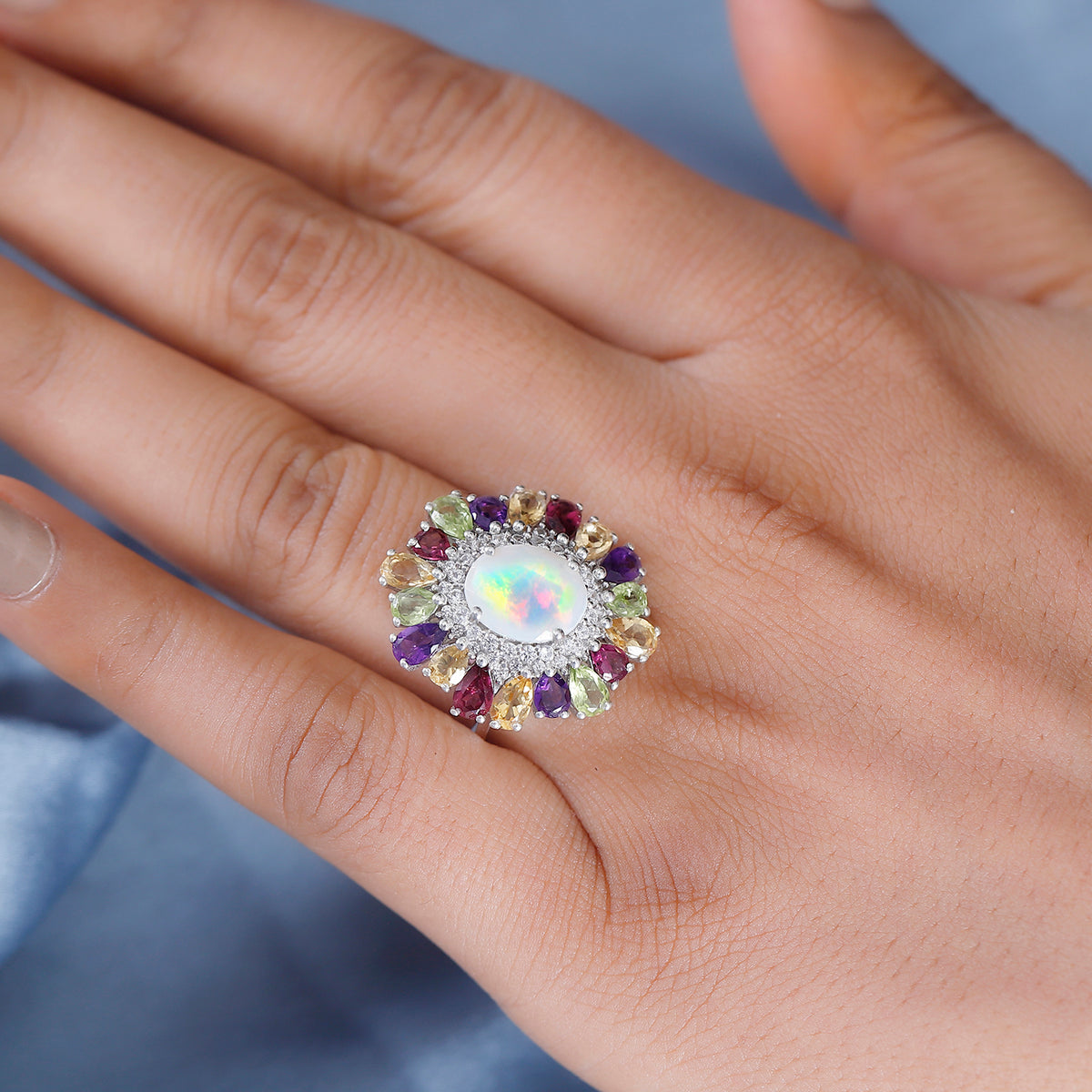 Ethiopian Opal, Multi Gemstones Halo Ring in Rhodium Overlay Sterling Silver V32563457 3