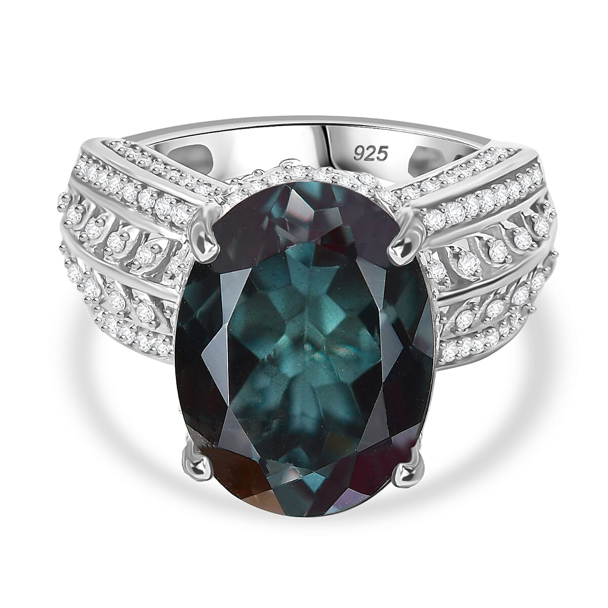 Alexandrite Triplet Quartz, White Zircon Cocktail Ring in Rhodium Overlay Sterling Silver V32591785 0