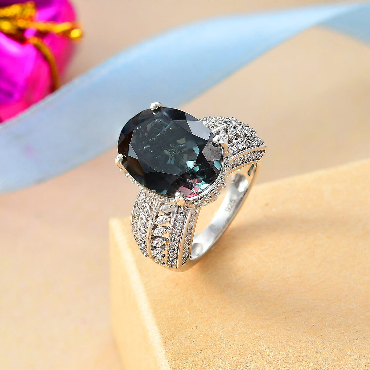 Alexandrite Triplet Quartz, White Zircon Cocktail Ring in Rhodium Overlay Sterling Silver V32591785 2