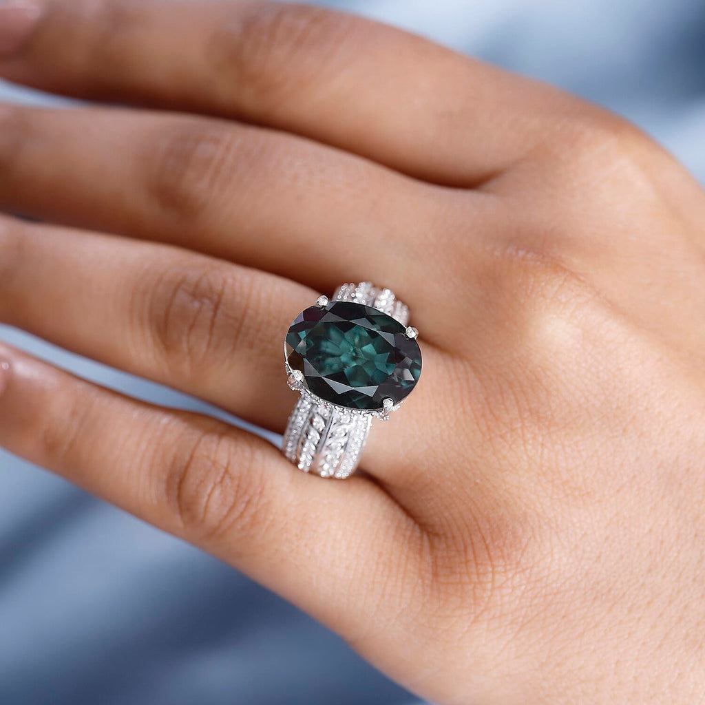 Alexandrite Colour Quartz & White Zircon Ring in Rhodium Overlay Sterling Silver 11.06 Ct, Silver Wt. 6.62 Gms._7936115_2