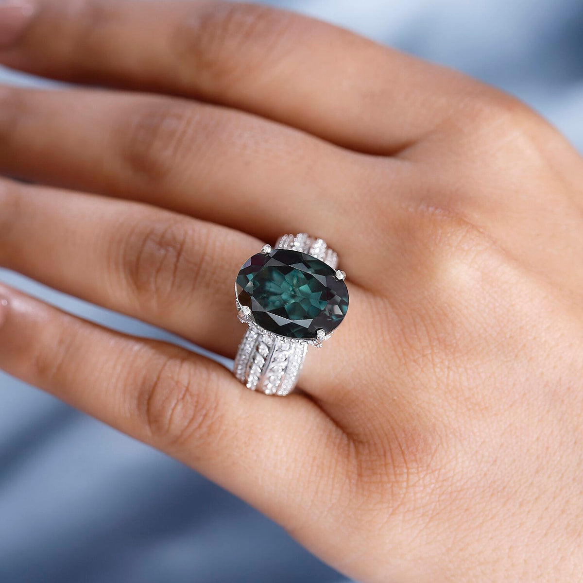 Alexandrite Triplet Quartz, White Zircon Cocktail Ring in Rhodium Overlay Sterling Silver V32591785 3