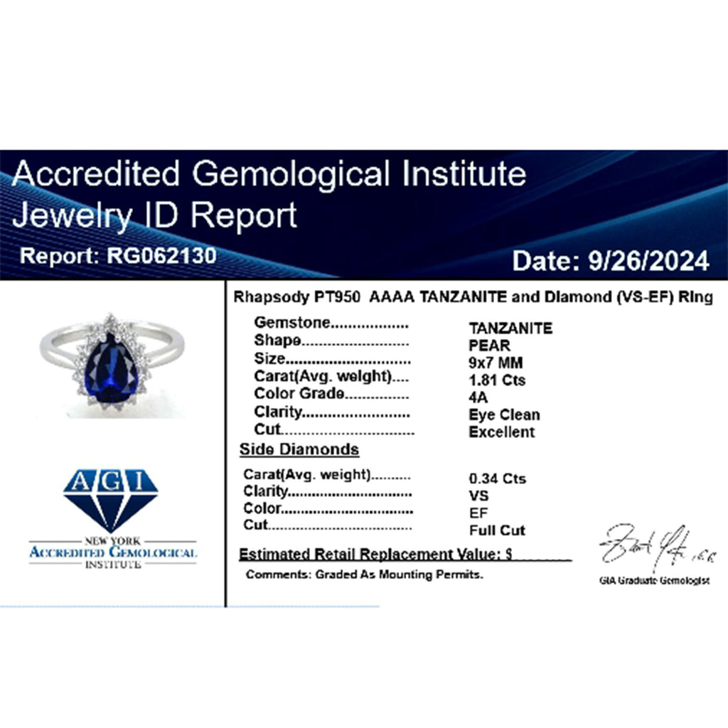 RHAPSODY 950 Platinum AGI Certified AAAA Tanzanite & White Diamond (VS/EF) Ring 2.15 Ct, Platinum Wt. 6.20 Gms._7937638_8