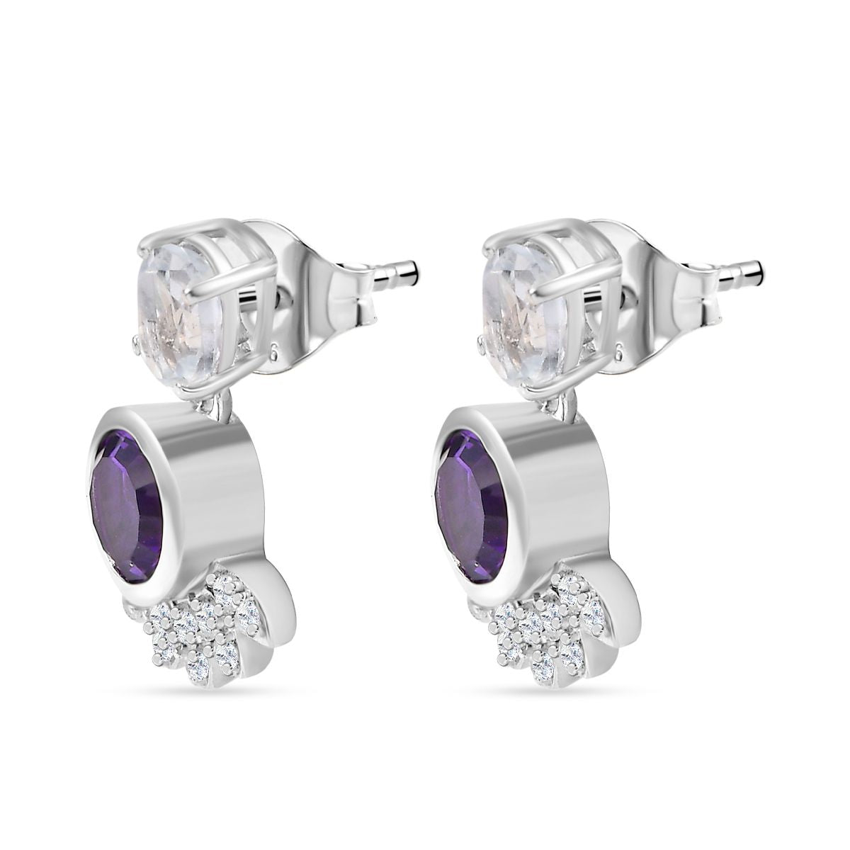 African Amethyst, White Topaz Drop Earrings in Rhodium Overlay Sterling Silver 7938517 0