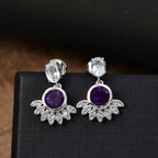 Concave Cut Zambian Amethyst & White Topaz Solitaire Stud Push Post Earring in Rhodium Overlay Sterling Silver. 3.088  Ct._7938517_1