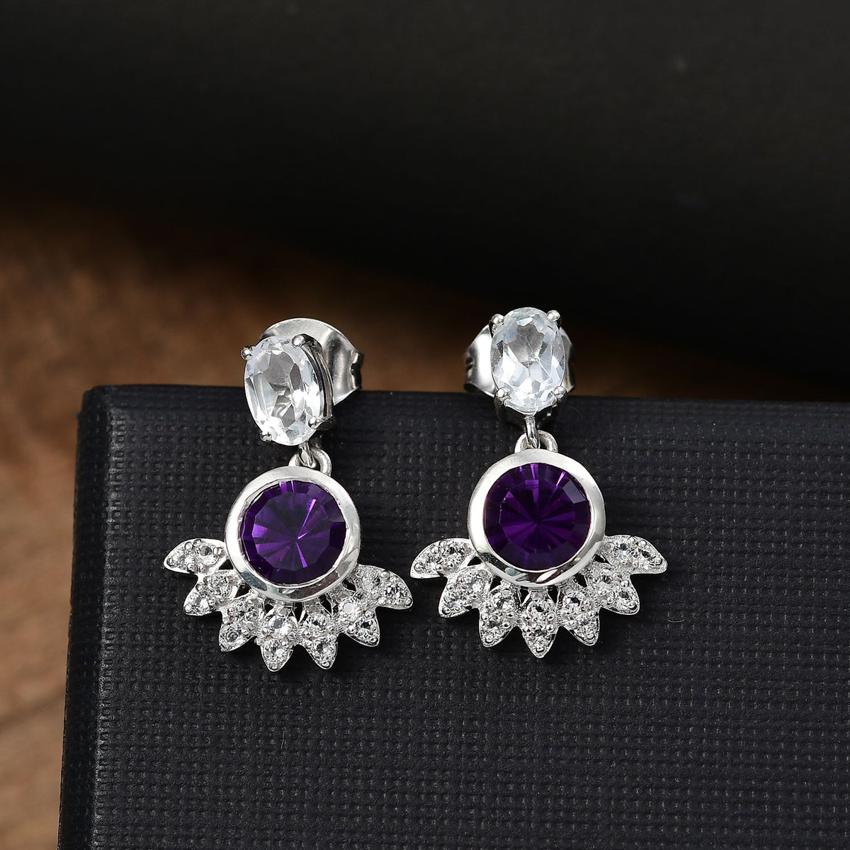 African Amethyst, White Topaz Drop Earrings in Rhodium Overlay Sterling Silver 7938517 2