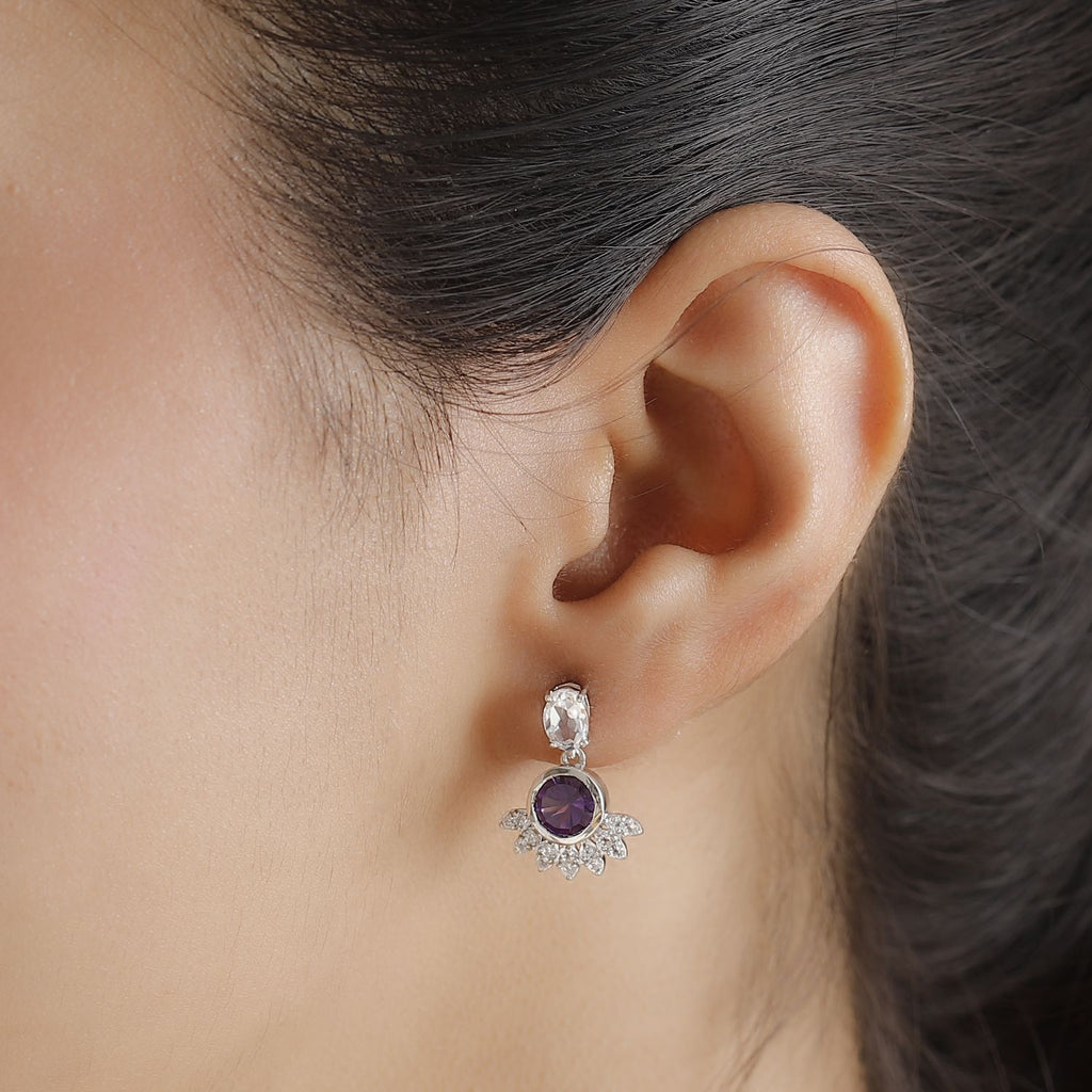 Concave Cut Zambian Amethyst & White Topaz Solitaire Stud Push Post Earring in Rhodium Overlay Sterling Silver. 3.088  Ct._7938517_2