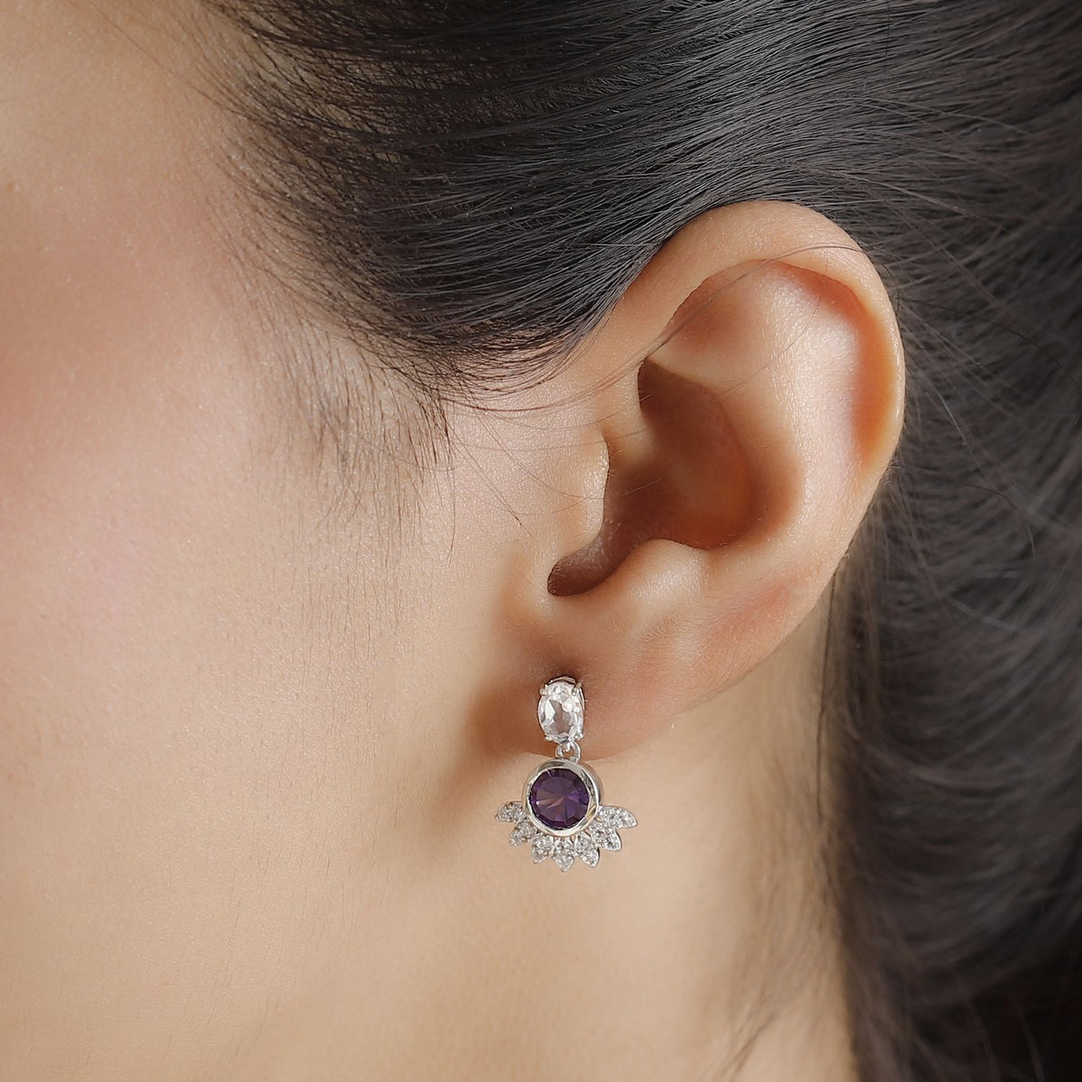 African Amethyst, White Topaz Drop Earrings in Rhodium Overlay Sterling Silver 7938517 3
