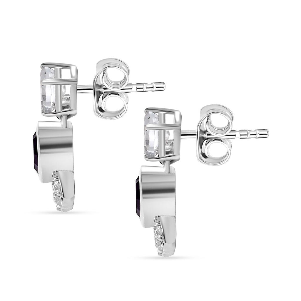 Concave Cut Zambian Amethyst & White Topaz Solitaire Stud Push Post Earring in Rhodium Overlay Sterling Silver. 3.088  Ct._7938517_4