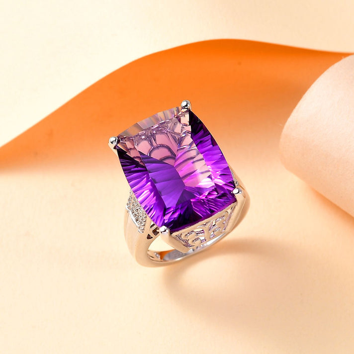African Amethyst, White Zircon Ring in Rhodium Overlay Sterling Silver 7938521 2
