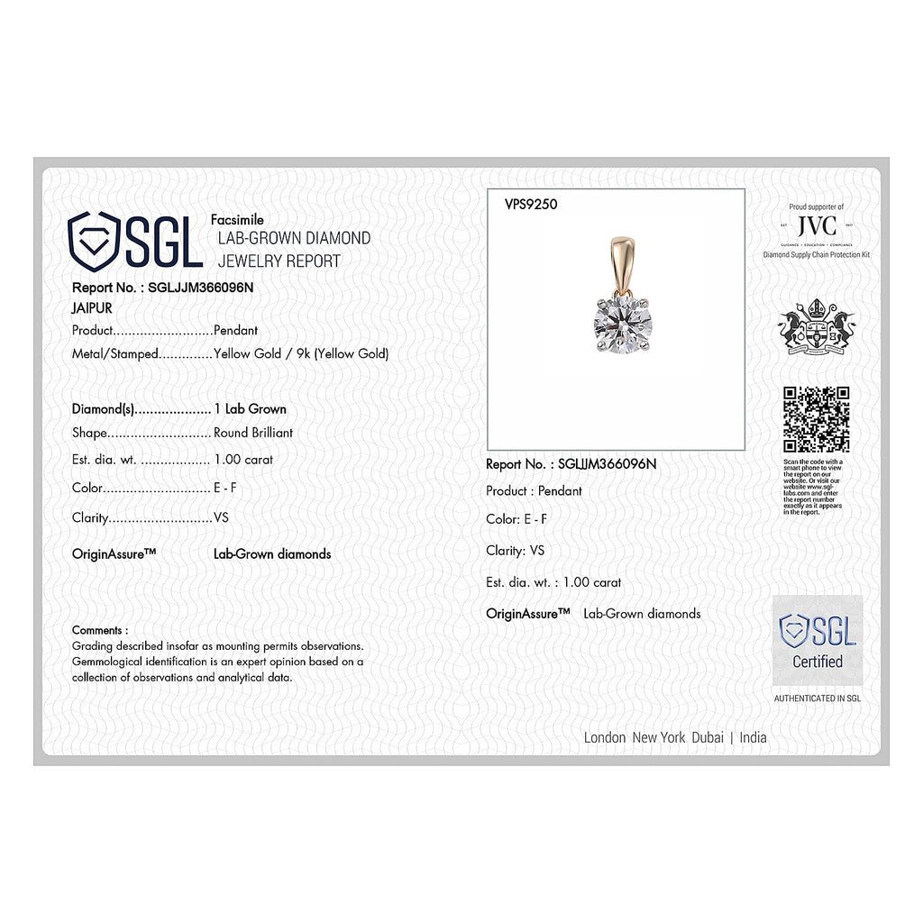 Luxuriant 9K Yellow Gold SGL Certified Lab Grown Diamond (VS-E-F) Solitaire Pendant 1.00 Ct.