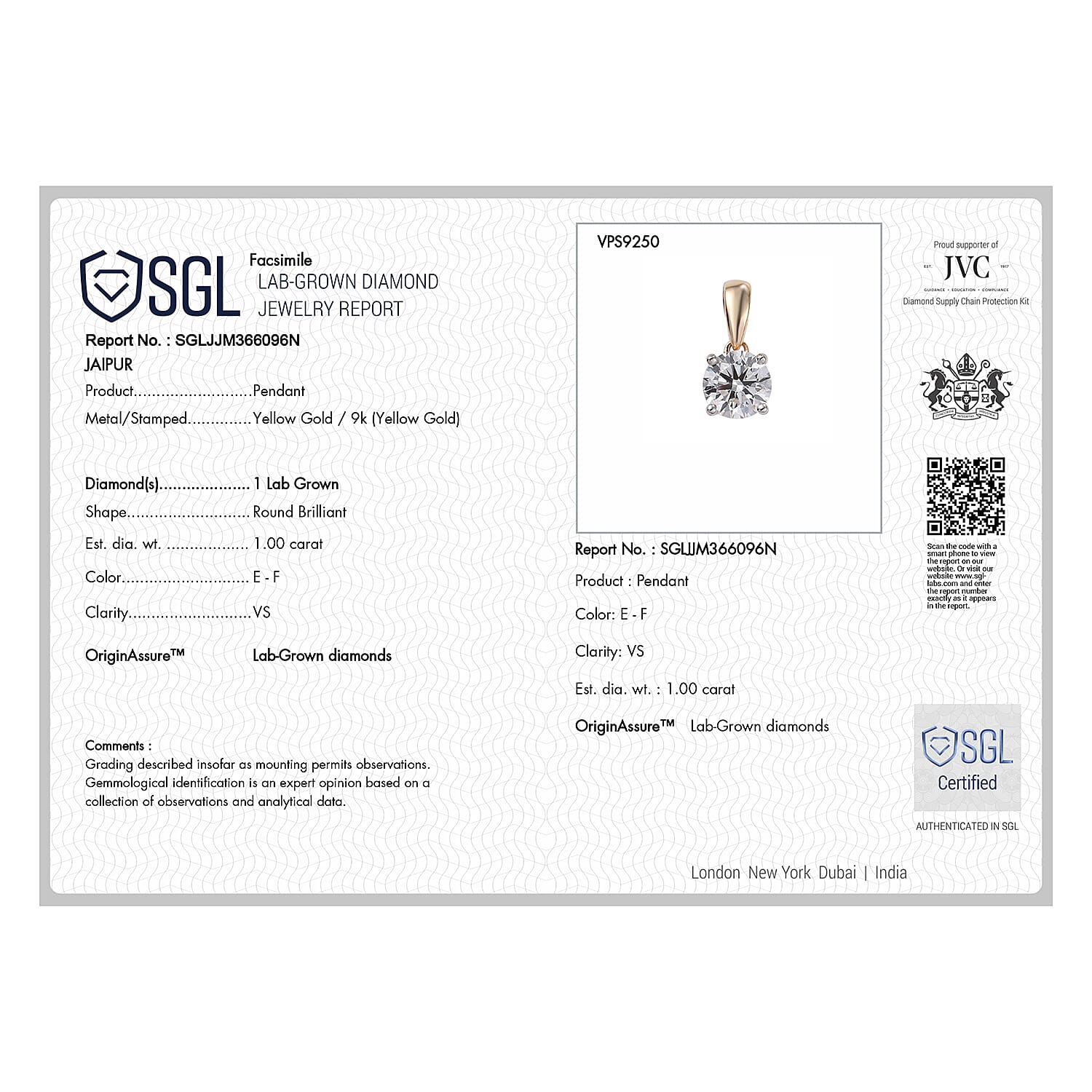 LUXURIANT 1 Ct. Lab Grown Diamond Solitaire Pendant in 9K Yellow Gold, SGL Certified 7939554 7