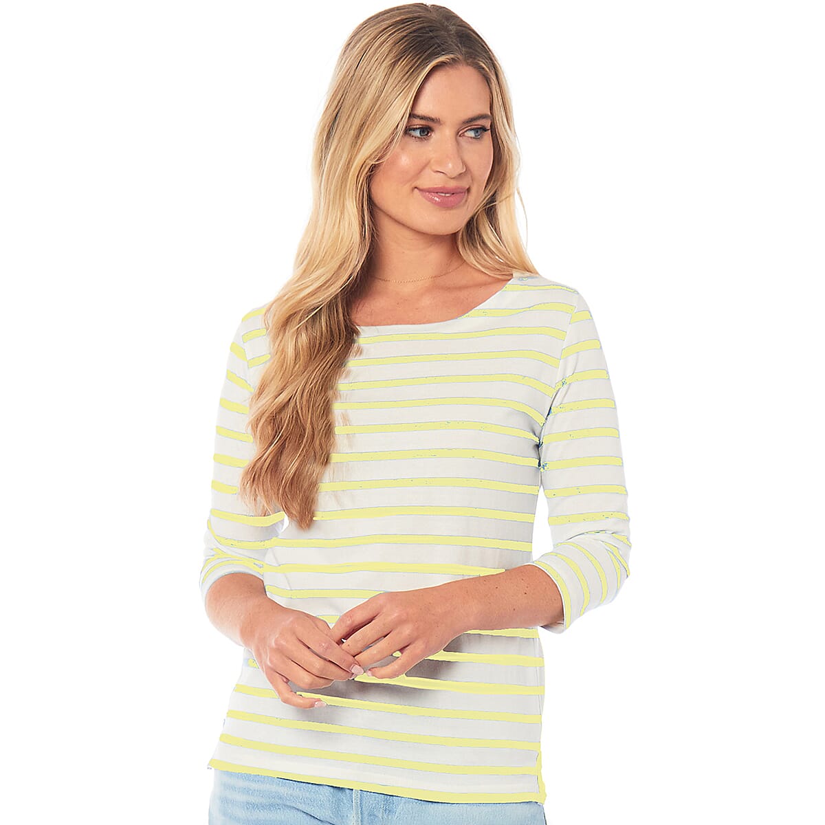 La Marey Cotton Thin Stripe 3/4 Length Sleeve Top (Size 12) - Green V32538275 0