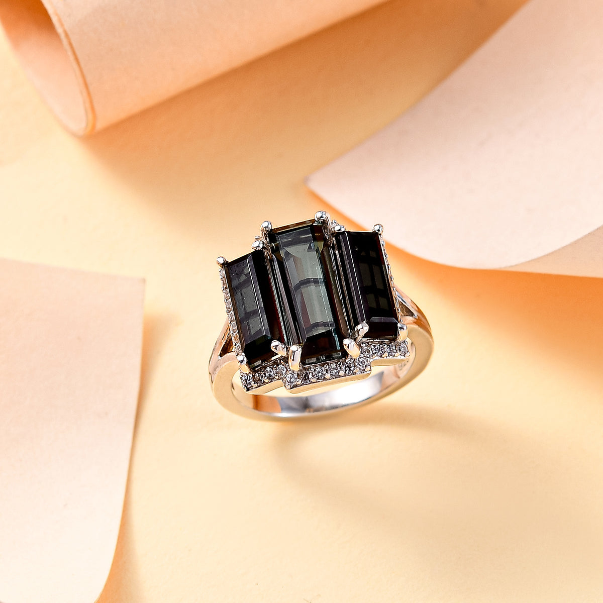 Alexandrite Triplet Quartz, White Zircon Trilogy Ring in Rhodium Overlay Sterling Silver V32707359 7