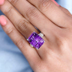 Natural Moroccan Amethyst (Concave Cut) & White Zircon Ring in Rhodium Overlay Sterling Silver 11.0 Ct_7955376_2
