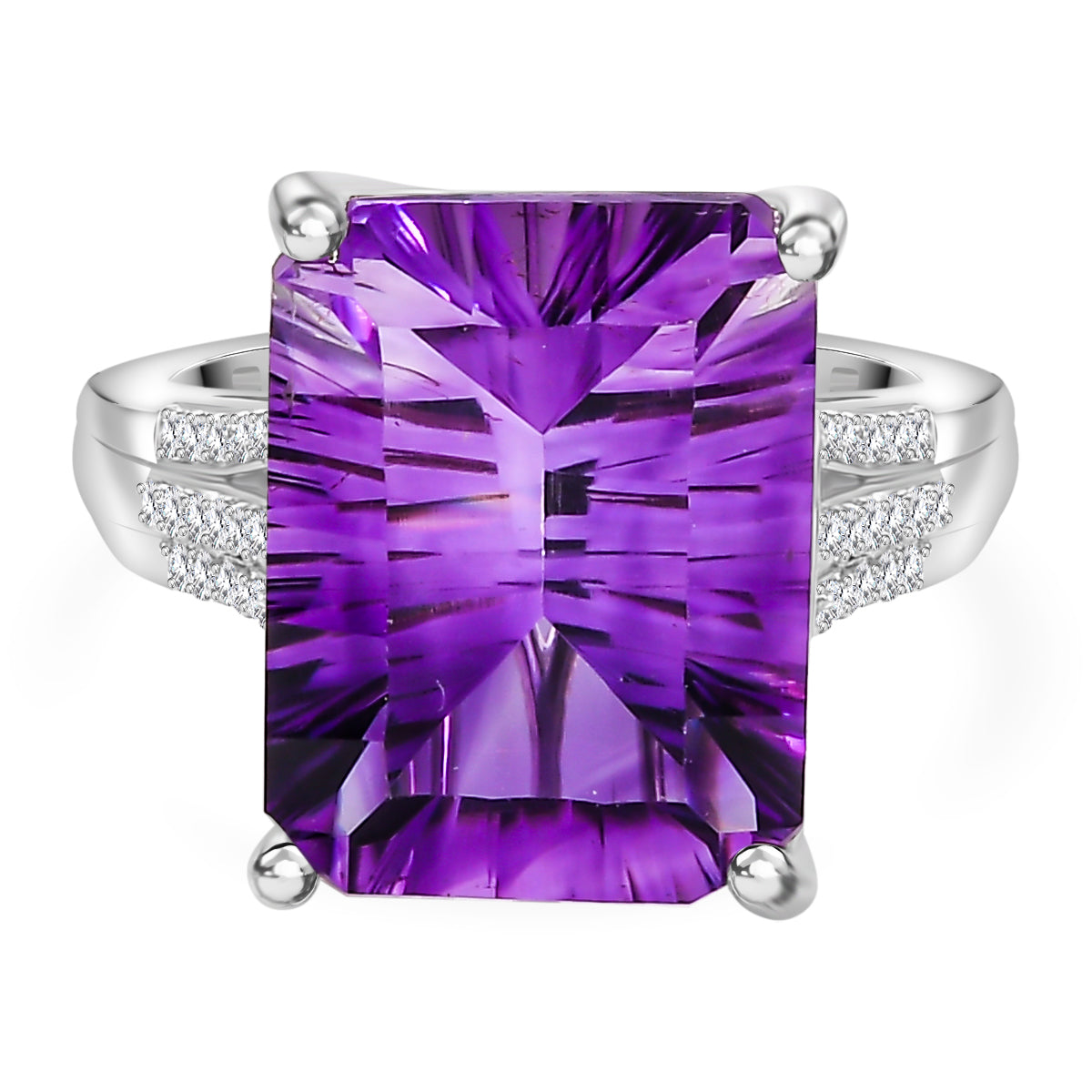 Natural Moroccan Amethyst (Concave Cut) & White Zircon Ring in Rhodium Overlay Sterling Silver 11.0 Ct_7955377