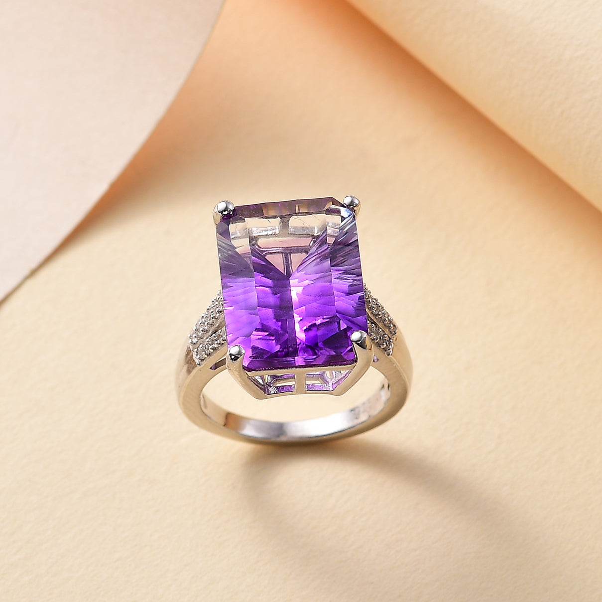Moroccan Amethyst, White Zircon Fancy Ring in Rhodium Overlay Sterling Silver 11.0 Ct V32525951 2