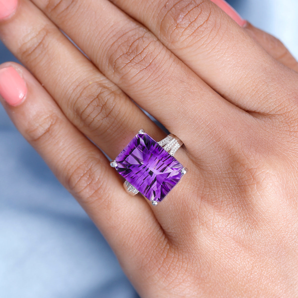 Moroccan Amethyst, White Zircon Fancy Ring in Rhodium Overlay Sterling Silver 11.0 Ct V32525951 3