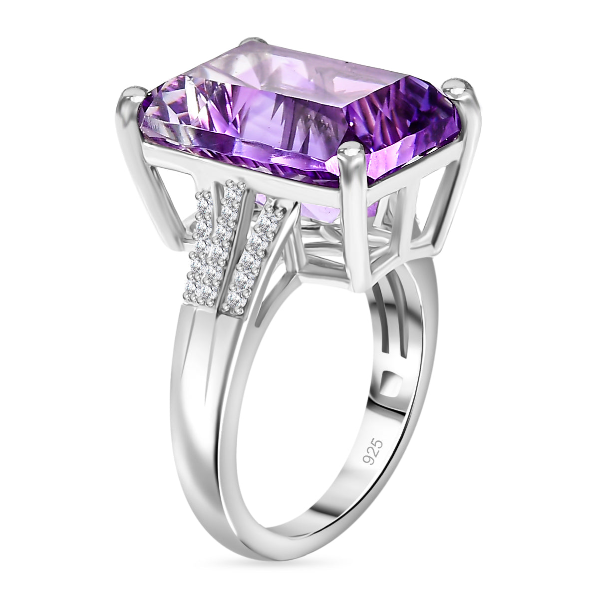 Moroccan Amethyst, White Zircon Fancy Ring in Rhodium Overlay Sterling Silver 11.0 Ct V32525951 4