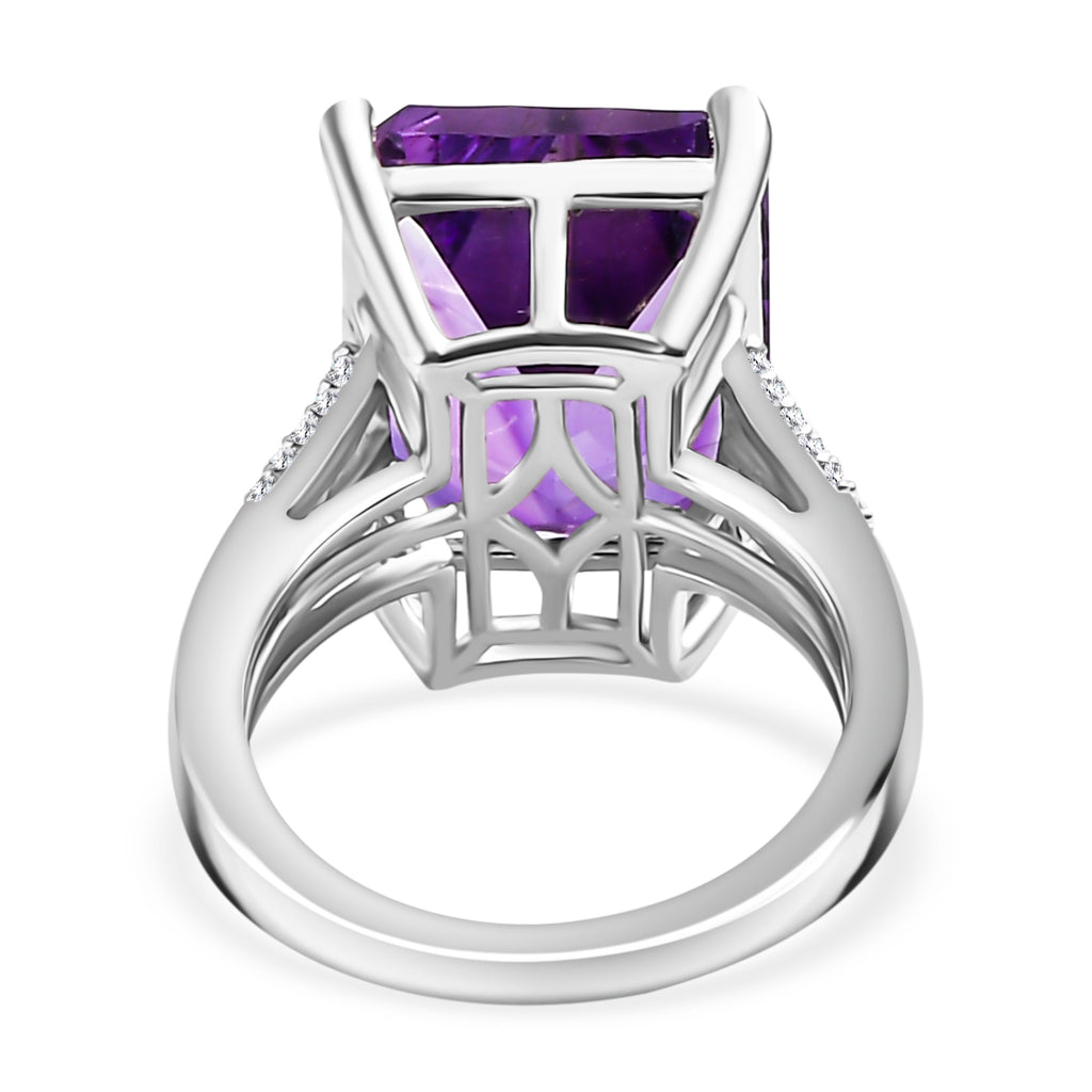 Natural Moroccan Amethyst (Concave Cut) & White Zircon Ring in Rhodium Overlay Sterling Silver 11.0 Ct_7955377_4