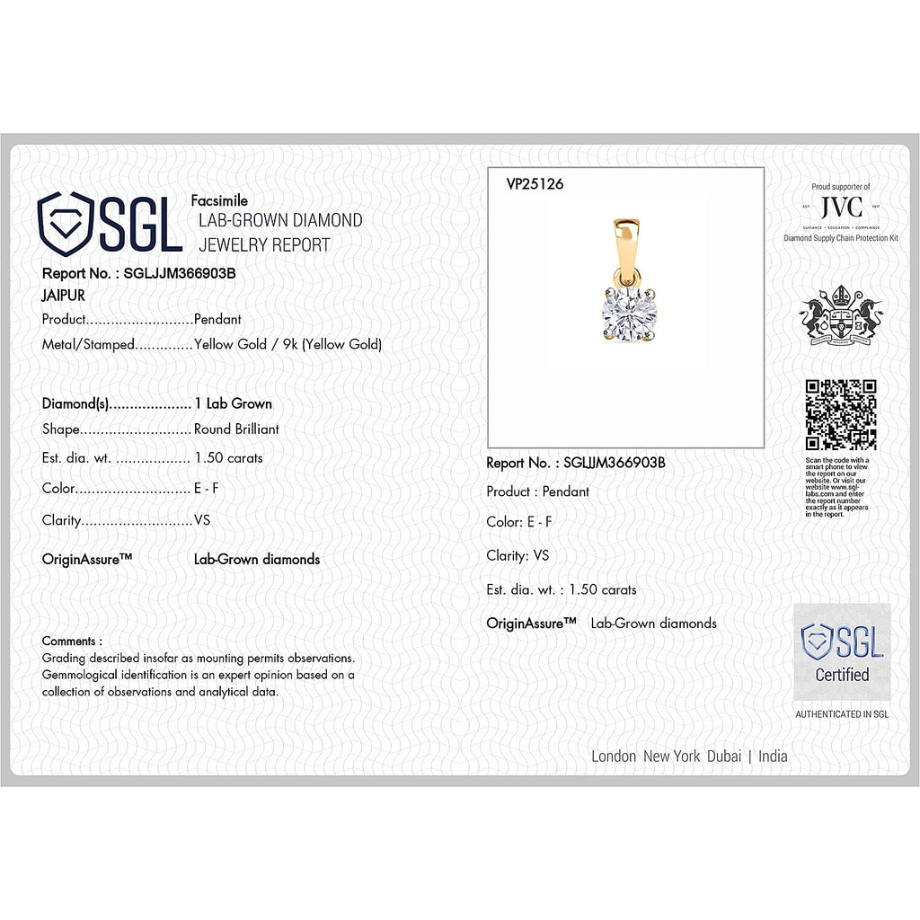 Luxuriant Diamond - 9K Yellow Gold Lab Grown Diamond (VS-E-F) Solitaire Pendant 1.53 Ct.