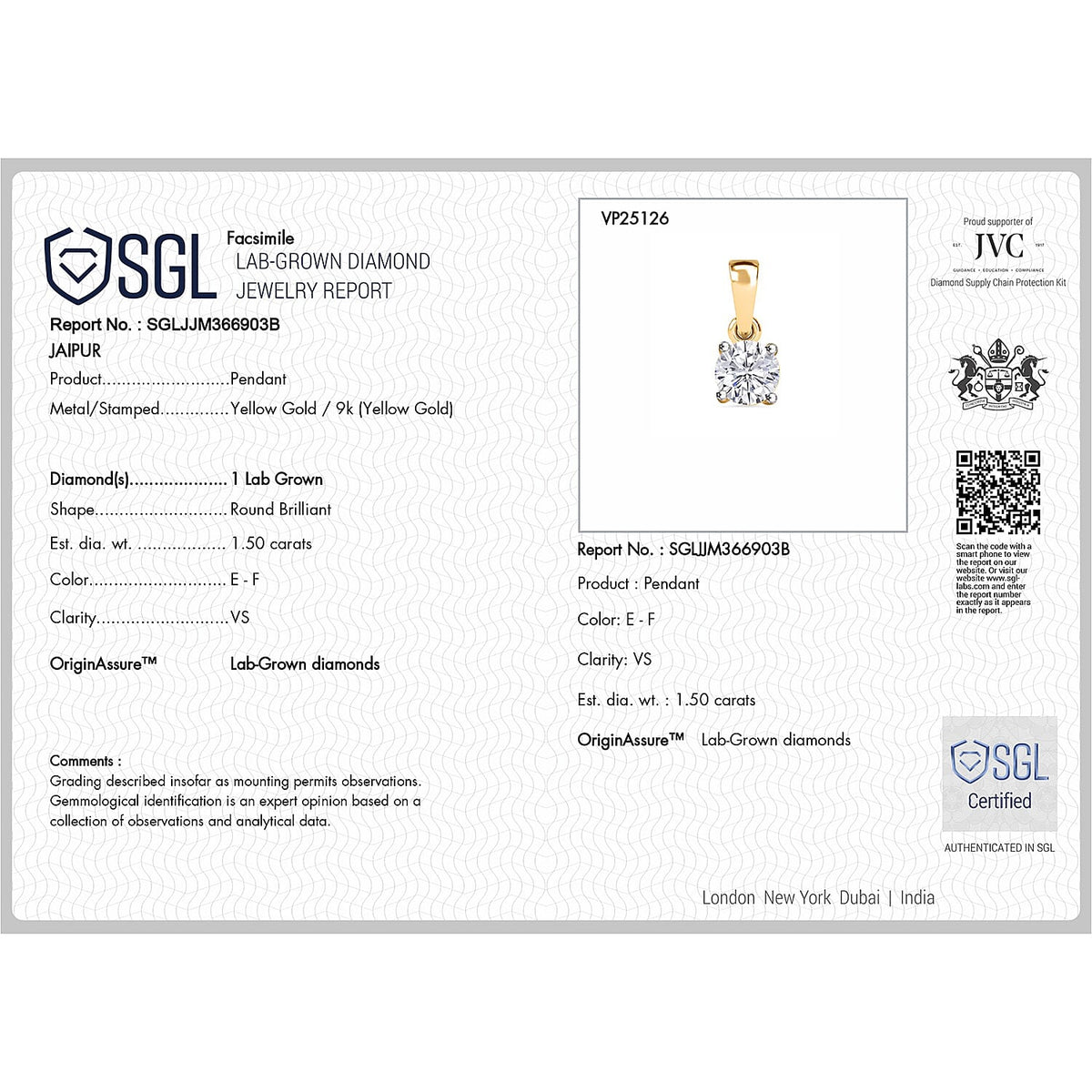 LUXURIANT 1.5 Ct. Lab Grown Diamond Solitaire Pendant in 9K Yellow Gold 7956179 7