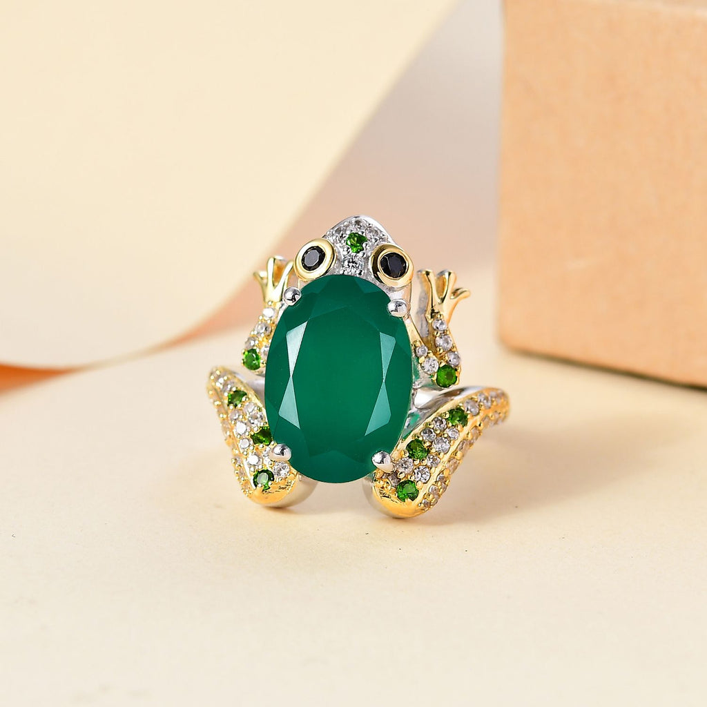 GP Green Onyx & Multi Gemstones Frog Ring in Rhodium and 18K Vermeil Yellow Gold Plated Sterling Silver 6.22 Ct_7958702_1