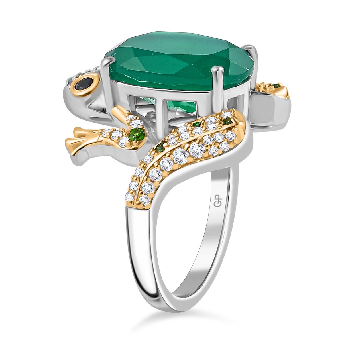 GP Collection - Green Onyx, Multi Gemstones Frog Ring in Rhodium and 18K Vermeil Yellow Gold Plated Sterling Silver 6.22 Ct 7958702 4